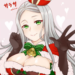 Rule 34 | 1girl, artist name, bad id, bad pixiv id, bell, neck bell, blush, bow, breasts, brown gloves, capelet, character name, christmas, cleavage, collar, fur trim, gloves, green eyes, grey hair, heart, heart background, large breasts, long hair, looking at viewer, lowres, miniru, pink background, sarasa (sennen sensou aigis), sennen sensou aigis, smile, solo, translated, upper body