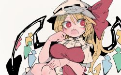 Rule 34 | 1girl, blonde hair, blush, bow, breasts, bright pupils, commentary request, dress, ears visible through hair, feet out of frame, flandre scarlet, hair between eyes, hand up, hat, hat bow, large breasts, looking at viewer, looking to the side, massakasama, mob cap, one side up, open mouth, red bow, red dress, red eyes, sharp teeth, simple background, solo, teeth, touhou, upper teeth only, white background, white hat, white pupils, wings