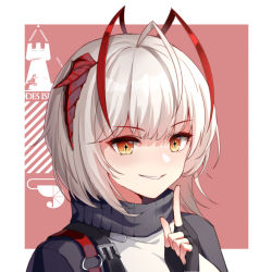 Rule 34 | 1girl, ahoge, arknights, black gloves, black jacket, black scarf, blue shrimp, border, chinese commentary, commentary request, fingerless gloves, gloves, grin, hand up, horns, index finger raised, jacket, looking at viewer, open clothes, open jacket, outside border, parted lips, portrait, red background, rhodes island logo (arknights), scarf, shirt, short hair, silver hair, smile, solo, w (arknights), white border, white shirt, yellow eyes