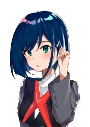 Rule 34 | 1girl, absurdres, adjusting hair, blue hair, blunt ends, blush, bob cut, breasts, close-up, commentary, curled fingers, darling in the franxx, green eyes, grey jacket, hair ornament, hair over one eye, hairclip, hand up, highres, ichigo (darling in the franxx), jacket, light blush, long bangs, looking at viewer, marker (medium), military uniform, parted lips, playing with own hair, shirt, simple background, small breasts, solo, takubon, traditional media, uniform, upper body, white background, white shirt