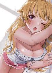 Rule 34 | 10s, 1girl, ;o, bad id, bad pixiv id, bare arms, barefoot, bed sheet, blonde hair, blush, breasts, camisole, cleavage, commentary request, dolphin shorts, dutch angle, foreshortening, frills, kitaku (nakamachi machi), konoe kanata, large breasts, long hair, looking at viewer, love live!, love live! nijigasaki high school idol club, love live! school idol project, lying, micro shorts, on bed, on side, one eye closed, open mouth, pink shorts, purple eyes, ribbon trim, shorts, solo, strap slip, very long hair