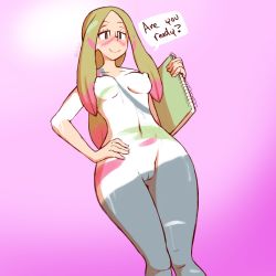 Rule 34 | blonde hair, blush, bodypaint, breasts, cameltoe, cleft of venus, creatures (company), dripping, facepaint, fupoo, game freak, grey eyes, hand on own hip, long hair, medium breasts, mina (pokemon), nervous, nintendo, nipples, notebook, paint, pink background, pokemon, pokemon sm, ponytail, pussy, smile, standing, sweat