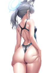 Rule 34 | 1girl, animal ear fluff, animal ears, ass, back, back cutout, back focus, bare arms, bare shoulders, blue archive, breasts, cat ears, clothing cutout, ear piercing, from behind, grey hair, halo, highres, ken ill, looking back, medium hair, one-piece swimsuit, parted lips, piercing, ponytail, shiroko (blue archive), shiroko (swimsuit) (blue archive), simple background, small breasts, solo, swimsuit, thighs, two-tone swimsuit, wet, white background