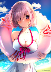 Rule 34 | amagami (makise tsubaki), beach, board game, breasts, cleavage, collarbone, command spell, day, embarrassed, eyes visible through hair, fate/grand order, fate (series), go (board game), hair over one eye, halterneck, head tilt, holding, holding swim ring, innertube, light purple hair, mash kyrielight, mash kyrielight (swimsuit of perpetual summer), official alternate costume, one-piece swimsuit, outdoors, pink hair, pout, purple eyes, ribbon, solo, standing, swim ring, swimsuit, unworn eyewear, white one-piece swimsuit