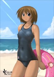 Rule 34 | 1girl, 2003, arena (company), beach, blue one-piece swimsuit, blue school swimsuit, cameltoe, character request, cleft of venus, covered erect nipples, female focus, high cut kingdom, holding, holding swim ring, innertube, nipples, nyanko batake, old school swimsuit, one-piece swimsuit, school swimsuit, solo, swim ring, swimsuit