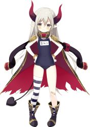 Rule 34 | 1girl, armband, asymmetrical legwear, bandaid, black footwear, black jacket, blue one-piece swimsuit, blush, boots, brown eyes, closed mouth, covered navel, curled horns, demon girl, demon horns, demon tail, elbow gloves, emma august, epaulettes, full body, gloves, grey hair, hair between eyes, hands on own hips, horns, jacket, jacket on shoulders, long hair, long sleeves, name tag, nijisanji, official art, old school swimsuit, one-piece swimsuit, pointy ears, school swimsuit, shiratama (shiratamaco), single thighhigh, smile, solo, standing, straight-on, striped clothes, striped thighhighs, swimsuit, tachi-e, tail, thighhighs, torn clothes, torn jacket, transparent background, uneven legwear, very long hair, virtual youtuber, white gloves