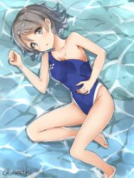 Rule 34 | 10s, 1girl, absurdres, barefoot, blue eyes, blue one-piece swimsuit, competition swimsuit, covered navel, grey hair, highleg, highleg swimsuit, highres, honorikiti, looking at viewer, love live!, love live! sunshine!!, lying, on side, one-piece swimsuit, partially submerged, short hair, solo, swimsuit, watanabe you, water