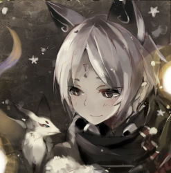 Rule 34 | androgynous, animal, animal ears, ayakashi onmyouroku, blue eyes, ether (83930123), facial hair, facial mark, forehead mark, fox, fox ears, gender request, grey eyes, grey hair, lowres, pipe fox, scarf, short hair, smile, snow, snowing, solo