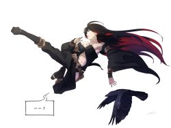 Rule 34 | 1girl, animal, bare shoulders, belt, bird, black hair, blue eyes, boots, breasts, cleavage, crow, crow (gravity daze), detached sleeves, flying kick, gravity daze, gravity daze 2, hair over one eye, high heel boots, high heels, kicking, long hair, medium breasts, midriff, multicolored hair, nail polish, navel, red hair, solo, strapless, two-tone hair, very long hair, wings, xii (gravity daze)