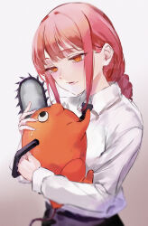 Rule 34 | 1girl, absurdres, black necktie, braid, chainsaw, chainsaw man, creature, gradient background, highres, holding, holding creature, long hair, long sleeves, makima (chainsaw man), mile (off8mile), necktie, orange eyes, parted lips, pochita (chainsaw man), red hair, ringed eyes, shirt, smile, sweat, nervous sweating, upper body, white shirt, wide-eyed