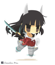 Rule 34 | 1girl, anabuki tomoko, animal ears, artist name, bad id, bad pixiv id, black hair, blunt bangs, brown eyes, chameleon man (three), chibi, flat color, flying, fox ears, fox tail, hakama, hakama short skirt, hakama skirt, holding, holding sword, holding weapon, japanese clothes, katana, long hair, no lineart, no mouth, shadow, simple background, skirt, solo, strike witches, strike witches: suomus misfits squadron, striker unit, sword, tail, uneven eyes, weapon, white background, world witches series