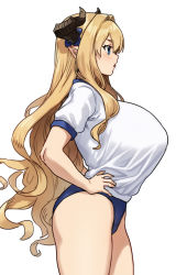 Rule 34 | 1girl, alternate costume, blonde hair, blue eyes, blush, breasts, cowboy shot, draph, from side, granblue fantasy, hair intakes, hands on own hips, highres, horns, houtengeki, huge breasts, parted lips, pointy ears, razia, shirt, short sleeves, simple background, thighs, white background, white shirt