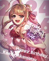 Rule 34 | 1girl, :d, ahoge, akamatsu kaede, bare shoulders, blonde hair, bouquet, character name, collarbone, danganronpa (series), danganronpa v3: killing harmony, dated, dress, flower, fortissimo, frilled dress, frills, hair ornament, happy birthday, highres, holding, holding bouquet, leaning forward, long hair, musical note, musical note hair ornament, nota sayaka, official alternate costume, open mouth, pink eyes, red dress, smile, solo, teeth, white dress