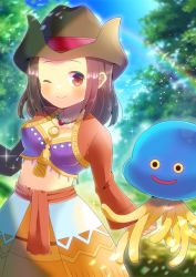 Rule 34 | 1girl, ;), blurry, blurry background, blush, breasts, brown eyes, brown hair, brown headwear, brown skirt, cleavage, closed mouth, commission, copyright request, day, depth of field, hat, healslime, kou hiyoyo, lens flare, long sleeves, looking at viewer, midriff, one eye closed, outdoors, parted bangs, shrug (clothing), skeb commission, skirt, slime (creature), small breasts, smile, wide sleeves
