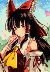 Rule 34 | 1girl, ascot, bad id, bad pixiv id, black hair, blush, bow, brown eyes, closed mouth, detached sleeves, hair bow, hakurei reimu, holding, long hair, long sleeves, looking at viewer, ofuda, qqqrinkappp, red bow, ribbon-trimmed sleeves, ribbon trim, sample watermark, sarashi, smile, solo, touhou, traditional media, upper body, watermark