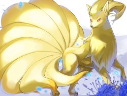 Rule 34 | bad id, bad pixiv id, blurry, closed mouth, commentary request, creatures (company), floating hair, game freak, gen 1 pokemon, highres, looking to the side, mian (3zandora), ninetales, nintendo, no humans, pokemon, pokemon (creature), red eyes, solo, toes, white background