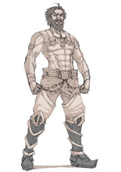 Rule 34 | 1boy, abs, ahoge, beard, belt, boots, clenched hands, edward teach (fate), facial hair, fate/grand order, fate (series), full body, furrowed brow, ishii hisao, legs apart, looking at viewer, male focus, monochrome, muscular, mustache, navel, simple background, solo, standing, tsurime, white background