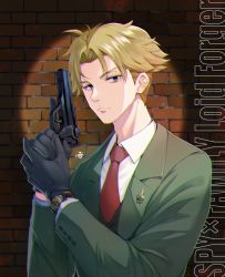Rule 34 | amayofuu, black gloves, black vest, blonde hair, blue eyes, brick wall, character name, chromatic aberration, closed mouth, collared shirt, copyright name, frown, gloves, green jacket, gun, handgun, highres, holding, holding gun, holding weapon, jacket, long sleeves, looking at viewer, necktie, open clothes, open jacket, red necktie, shirt, short hair, spy x family, twilight (spy x family), vest, weapon, white shirt, wing collar