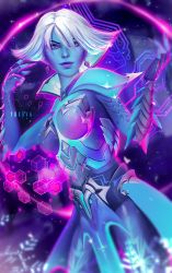 Rule 34 | 1girl, abstract background, artist name, blue eyes, blue gloves, blue sclera, blue skin, breasts, closed mouth, colored sclera, colored skin, cowboy shot, earrings, fingernails, gloves, hologram, jewelry, lips, long fingernails, looking at viewer, medium breasts, nose, official alternate costume, overwatch, overwatch 1, purple lips, rime sombra, sharp fingernails, short hair, signature, slit pupils, smile, snowflakes, solo, sombra (overwatch), white hair, winter, yokava