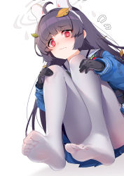 Rule 34 | 1girl, absurdres, ahoge, black gloves, blue archive, blush, closed mouth, feet, flying sweatdrops, foot focus, foreshortening, gloves, hairband, halo, highres, jacket, leaf, long hair, long sleeves, looking at viewer, manic shd, miyu (blue archive), no shoes, pantyhose, pleated skirt, red eyes, school uniform, simple background, sitting, skirt, smile, soles, solo, toes, white background, white pantyhose