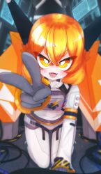 Rule 34 | 1girl, :d, absurdres, arm support, blurry, blurry background, commentary request, depth of field, fangs, gloves, grey gloves, hair between eyes, highres, ine 2, jacket, leaning forward, long sleeves, looking at viewer, mochibe (ine 2), open mouth, orange eyes, orange hair, original, pants, short eyebrows, smile, solo, thick eyebrows, v, v-shaped eyebrows, white jacket, white pants