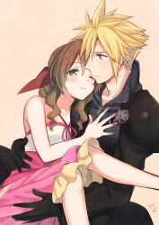 Rule 34 | 1boy, 1girl, aerith gainsborough, armor, bare arms, blonde hair, blue eyes, blue skirt, blush, braid, braided ponytail, cloud strife, dress, earrings, final fantasy, final fantasy vii, final fantasy vii advent children, gloves, green eyes, hair ribbon, hand on another&#039;s chest, high collar, holding person, jewelry, kingdom hearts, kingdom hearts ii, krudears, one eye closed, open collar, parted bangs, pink dress, red ribbon, ribbon, shoulder armor, sidelocks, single earring, sitting, sitting on lap, sitting on person, skirt, spiked hair, tan background, upper body, wavy hair, zipper