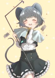 Rule 34 | 1girl, animal, animal ears, blouse, capelet, closed eyes, dowsing rod, green hair, grey skirt, hand on own cheek, hand on own face, hand up, highres, jewelry, kotarou (yukina1721), miniskirt, mouse (animal), mouse ears, mouse tail, nazrin, pendant, petticoat, shirt, short hair, simple background, skirt, smile, solo, tail, touhou, yellow background