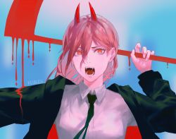 Rule 34 | 1girl, artist name, black jacket, black necktie, blood, blood drip, blood on clothes, blue background, bow, chainsaw man, collared shirt, cross-shaped pupils, formal, hair between eyes, highres, holding, holding scythe, holding weapon, horns, jacket, keibleh, long hair, looking at viewer, necktie, open mouth, pink hair, power (chainsaw man), red bow, red horns, scythe, sharp teeth, shirt, solo, suit, symbol-shaped pupils, teeth, weapon, white shirt