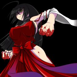 Rule 34 | 1girl, ahoge, bad id, bad pixiv id, bare hips, bare shoulders, black background, black hair, blood, breasts, clenched hand, clenched hands, detached sleeves, female focus, hakama, hakama pants, highres, japanese clothes, large breasts, long hair, m.u.g.e.n, miko, nontraditional miko, one-piece thong, original, pants, red hakama, sendai hakurei no miko, sideboob, simple background, solo, tai takeshi, touhou, yellow eyes