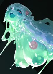 Rule 34 | 1girl, absurdres, black background, breasts, colored tongue, completely nude, core, eyelashes, green tongue, hair between eyes, highres, huge breasts, long eyelashes, long hair, looking at viewer, monster girl, nipples, nude, open mouth, original, red eyes, shiny skin, simple background, slime (substance), slime girl, slit pupils, smile, solo, solopipb, tongue