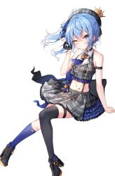 Rule 34 | 1girl, adapted costume, ahoge, arm strap, ascot, asymmetrical legwear, bare arms, bare shoulders, beliatan, beret, black choker, black footwear, black gloves, black hat, black shirt, black skirt, black socks, blue ascot, blue eyes, blue hair, blue socks, choker, collared shirt, comet, crop top, crown, fingerless gloves, full body, gloves, hand up, hat, highres, hololive, hoshimachi suisei, hoshimachi suisei (1st costume), kneehighs, long hair, looking at viewer, midriff, mini crown, miniskirt, navel, one eye closed, plaid, plaid shirt, plaid skirt, pleated skirt, revealing clothes, shirt, shoes, side ponytail, single kneehigh, single sock, single thighhigh, sitting, skirt, sleeveless, sleeveless shirt, smile, socks, solo, stomach, suspenders, thigh strap, thighhighs, virtual youtuber