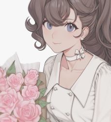 Rule 34 | 1girl, asymmetrical bangs, blue eyes, bouquet, bow, choker, closed mouth, collarbone, curly hair, dress, earrings, flower, grey background, grey hair, highres, jewelry, lips, long hair, looking at viewer, pauline bonaparte, quuni, seijo senki, simple background, smile, solo, white dress