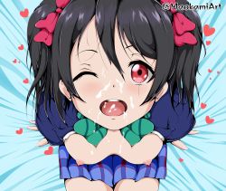 Rule 34 | 1girl, artist name, black hair, blue jacket, blue skirt, bow, bowtie, breasts, breasts out, clothes, cum, cum in mouth, facial, from above, green bow, green bowtie, hair between eyes, happy, heart, hetero, highres, jacket, looking at viewer, love live!, love live! school idol project, maokami, nipples, one eye closed, open mouth, otonokizaka school uniform, pale skin, pleated skirt, red eyes, school uniform, short hair, sitting, skirt, small breasts, smile, solo, thighs, twintails, uniform, wink, yazawa nico