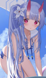 Rule 34 | 1girl, alternate costume, alternate hairstyle, bikini, blue archive, blue sky, breasts, chise (blue archive), chise (swimsuit) (blue archive), eyes visible through hair, flower, hair between eyes, hair flower, hair ornament, halo, highres, horns, long hair, looking at viewer, multicolored clothes, multicolored swimsuit, namaonpa, oni horns, red eyes, red horns, side ponytail, simple background, sitting, sky, small breasts, solo, string bikini, swimsuit