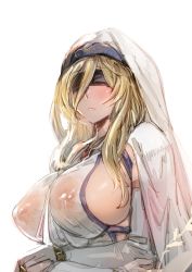 Rule 34 | 10s, 1girl, blindfold, blonde hair, blush, bow (bhp), breasts, bridal gauntlets, cape, closed mouth, covered erect nipples, crossed arms, detached sleeves, dress, goblin slayer!, hair between eyes, jewelry, large breasts, long hair, necklace, see-through, sideboob, simple background, solo, sword maiden, very long hair, white background, white dress