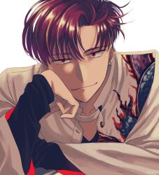 Rule 34 | 1boy, alternate hair length, alternate hairstyle, commentary request, ear piercing, earrings, fate/grand order, fate (series), head rest, jewelry, male focus, piercing, red eyes, red hair, smile, solo, takasugi shinsaku (fate), takasugi shinsaku (first ascension) (fate), upper body, yuuzuki230