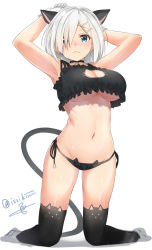 Rule 34 | 10s, 1girl, animal ears, animal print, armpits, arms behind back, arms behind head, arms up, artist name, bell, black bra, black neckwear, black panties, black thighhighs, blue eyes, blush, bra, breasts, cat cutout, cat ear panties, cat ears, cat lingerie, cat print, choker, cleavage, cleavage cutout, clothing cutout, collarbone, fang, frilled bra, frills, frown, full body, gloves, groin, hair ornament, hair over one eye, hairclip, hamakaze (kancolle), isshiki (ffmania7), jewelry, jingle bell, kantai collection, kemonomimi mode, kneeling, large breasts, looking at viewer, meme attire, midriff, navel, panties, pendant, pom pom (clothes), short hair, side-tie panties, silver hair, simple background, skindentation, solo, stomach, thighhighs, underboob, underwear, underwear only, unfinished, wavy mouth, white background, white gloves