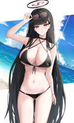 Rule 34 | 1girl, absurdres, bare arms, bare legs, bare shoulders, bikini, black bikini, black hair, blue archive, breasts, cleavage, cowboy shot, doham, eyewear on head, hair ornament, hairpin, halo, highres, large breasts, long hair, looking at viewer, navel, parted lips, red eyes, rio (blue archive), solo, sunglasses, swimsuit