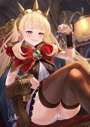 Rule 34 | 1boy, 1girl, black thighhighs, blonde hair, blunt bangs, blush, brooch, cagliostro (granblue fantasy), cape, crossed legs, crown, fighter (granblue fantasy), gran (granblue fantasy), granblue fantasy, grin, hairband, highres, holding person, indoors, jewelry, long hair, looking at another, mini person, miniboy, panties, pantyshot, purple eyes, red skirt, sitting, skirt, smile, solo focus, spiked hairband, spikes, thighhighs, thighs, throne, tiara, underwear, very long hair, vial, white panties, yapo (croquis side), zettai ryouiki