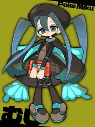 Rule 34 | 1girl, black hat, black pantyhose, blue hair, blue wings, book, brown dress, brown footwear, brown necktie, bug miku (project voltage), character name, closed mouth, creatures (company), dress, eyeshadow, full body, game freak, green background, green eyes, hair between eyes, hair through headwear, hat, hatsune miku, holding, holding book, long hair, long sleeves, looking at viewer, makeup, necktie, nintendo, pantyhose, pokemon, project voltage, shiba inu (j1piwzrj8xdzywk), shoes, solo, twintails, very long hair, vocaloid, wings