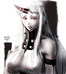 Rule 34 | 10s, 1girl, abyssal ship, bare shoulders, breasts, collarbone, detached sleeves, dress, female focus, gorget, horns, kantai collection, large breasts, lips, long hair, pale skin, red eyes, ribbed dress, seaport princess, sideboob, sidelocks, single horn, solo, taikyokuturugi, very long hair, white hair
