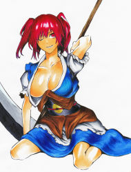 Rule 34 | akuroporisu, belt, breasts, cleavage, collarbone, huge breasts, japanese clothes, large breasts, long hair, one eye closed, onozuka komachi, open clothes, red hair, scythe, simple background, sitting, smirk, solo, touhou, traditional media, twintails, two side up, wariza