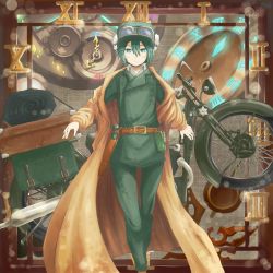 Rule 34 | 00s, 1girl, bad id, bad pixiv id, bedroll, belt, belt pouch, blue eyes, blush, clock, coat, expressionless, formal, fur hat, goggles, goggles on headwear, green hair, gun, handgun, hat, hermes (kino no tabi), highres, holster, kaneni, kino (kino no tabi), kino no tabi, motor vehicle, motorcycle, pouch, revolver, roman numeral, short hair, solo, steampunk, suit, suitcase, vehicle, weapon