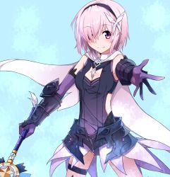 Rule 34 | 1girl, adapted costume, alternate hair color, armor, armored dress, bare shoulders, blush, breasts, butterfly hair ornament, cape, cleavage, elbow gloves, fate/grand order, fate/kaleid liner prisma illya, fate (series), gauntlets, gloves, hair ornament, hair over one eye, hairband, holding, holding wand, kaleidostick, looking at viewer, magical girl, magical sapphire, mash kyrielight, outstretched arm, outstretched hand, pink hair, purple eyes, purple gloves, reaching, reaching towards viewer, short hair, small breasts, smile, solo, thigh strap, tsuezu, wand
