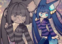 Rule 34 | 1girl, :3, animal ear fluff, animal ears, artist name, black-framed eyewear, black thighhighs, blue eyes, blue hair, blunt bangs, blunt sidelocks, bright pupils, commission, commissioner name, funamusea (artist), grey background, hair ornament, jewelry, long hair, looking to the side, necklace, original, outline, pink nails, purple shirt, round eyewear, shirt, skeb commission, sleeves past wrists, smile, solo, striped clothes, striped shirt, tail, thighhighs, twintails, very long hair, white outline, white pupils, zoom layer