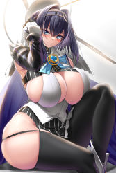 Rule 34 | 1girl, absurdres, asymmetrical clothes, black gloves, black thighhighs, blue eyes, blue hair, blue ribbon, breasts, chain, chain headband, cho!cho!, cleavage cutout, clothing cutout, detached sleeves, gloves, hair intakes, halo, head chain, headband, heart-shaped gem, highres, hololive, hololive english, huge breasts, jewelry, mechanical halo, miniskirt, ouro kronii, ouro kronii (1st costume), ribbon, sailor collar, shirt, short hair, sitting, skindentation, skirt, sleeveless, sleeveless shirt, solo, sweater, thick thighs, thighhighs, thighs, turtleneck, turtleneck sweater, underboob, underboob cutout, veil, virtual youtuber, zipper, zipper pull tab
