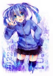 Rule 34 | blue eyes, blue hair, collared jacket, ene (kagerou project), highres, jacket, jinzou enemy (vocaloid), kagerou project, sasakichi (ssk chi), solo, striped clothes, striped jacket, thighhighs, track jacket, v, vocaloid, zettai ryouiki