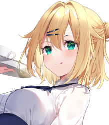 Rule 34 | 1girl, blonde hair, blush, breasts, character request, closed mouth, copyright request, green eyes, hair ornament, hairclip, highres, kisaragi yuri, licking, licking lips, looking at viewer, official art, short hair, tongue, tongue out, white background