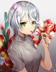 Rule 34 | 1girl, bad id, bad twitter id, commentary request, copyright request, eating, flower, food, gambe, gladiolus, gradient background, green eyes, grey background, grey hair, grey sweater, hair between eyes, holding, looking at viewer, mouth hold, pocky, ribbed sweater, short hair, short sleeves, solo, sparkle, sweater, turtleneck, turtleneck sweater, upper body
