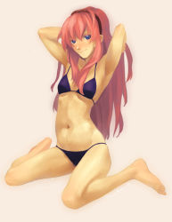 Rule 34 | 1girl, adjusting hair, alternate breast size, armpits, arms behind head, arms up, bad id, bad pixiv id, barefoot, bikini, blue eyes, elaine murphy, feet, flat chest, hairband, housh, long hair, megurine luka, navel, pink hair, simple background, smile, solo, swimsuit, vocaloid